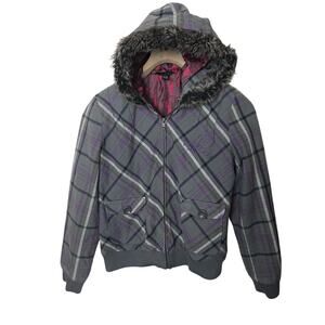 Volcom Women’s Sz Large Gray Plaid Full Zip Faux Fur Trim Hooded Jacket
